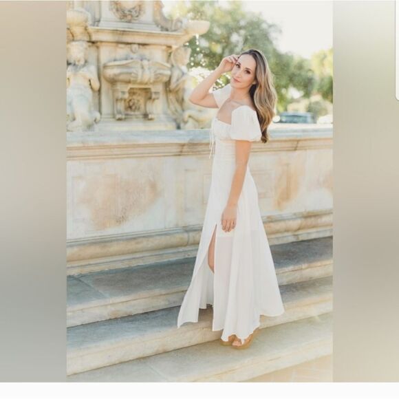 Summer Puff Sleeve Floral Split Maxi Dress White 2XL - Picture 3 of 13